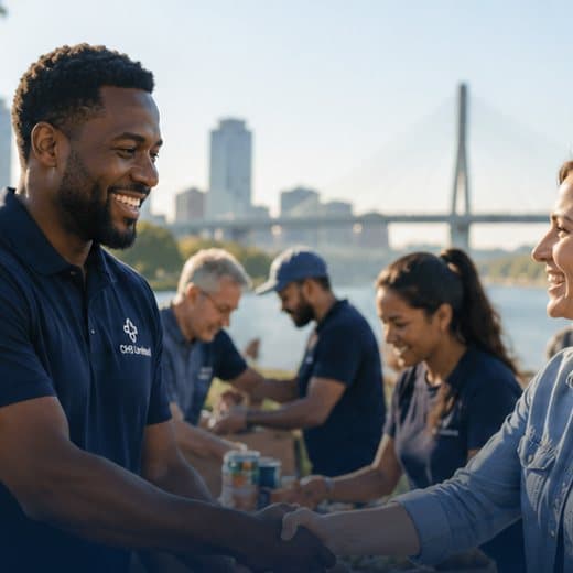 A business leader shaking hands with a community partner