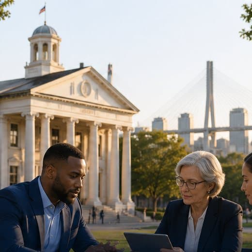 Government staff reviewing community data outside a city courthouse