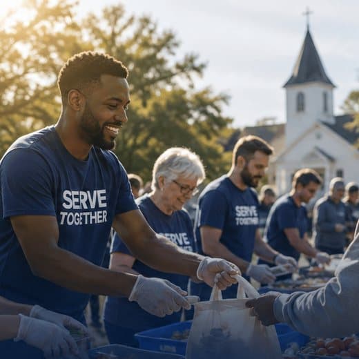 Church and nonprofit volunteers serving neighbors together